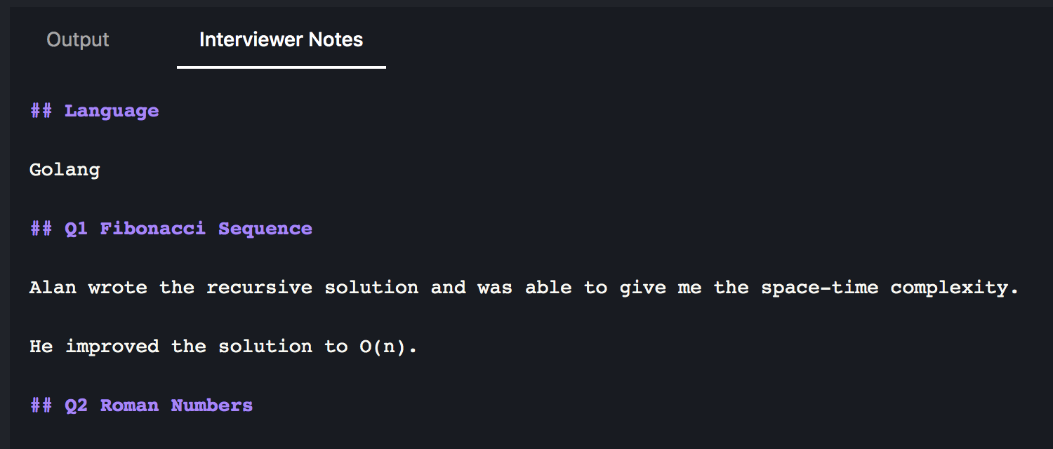 Screenshot of CoderTest Interviewer Notes